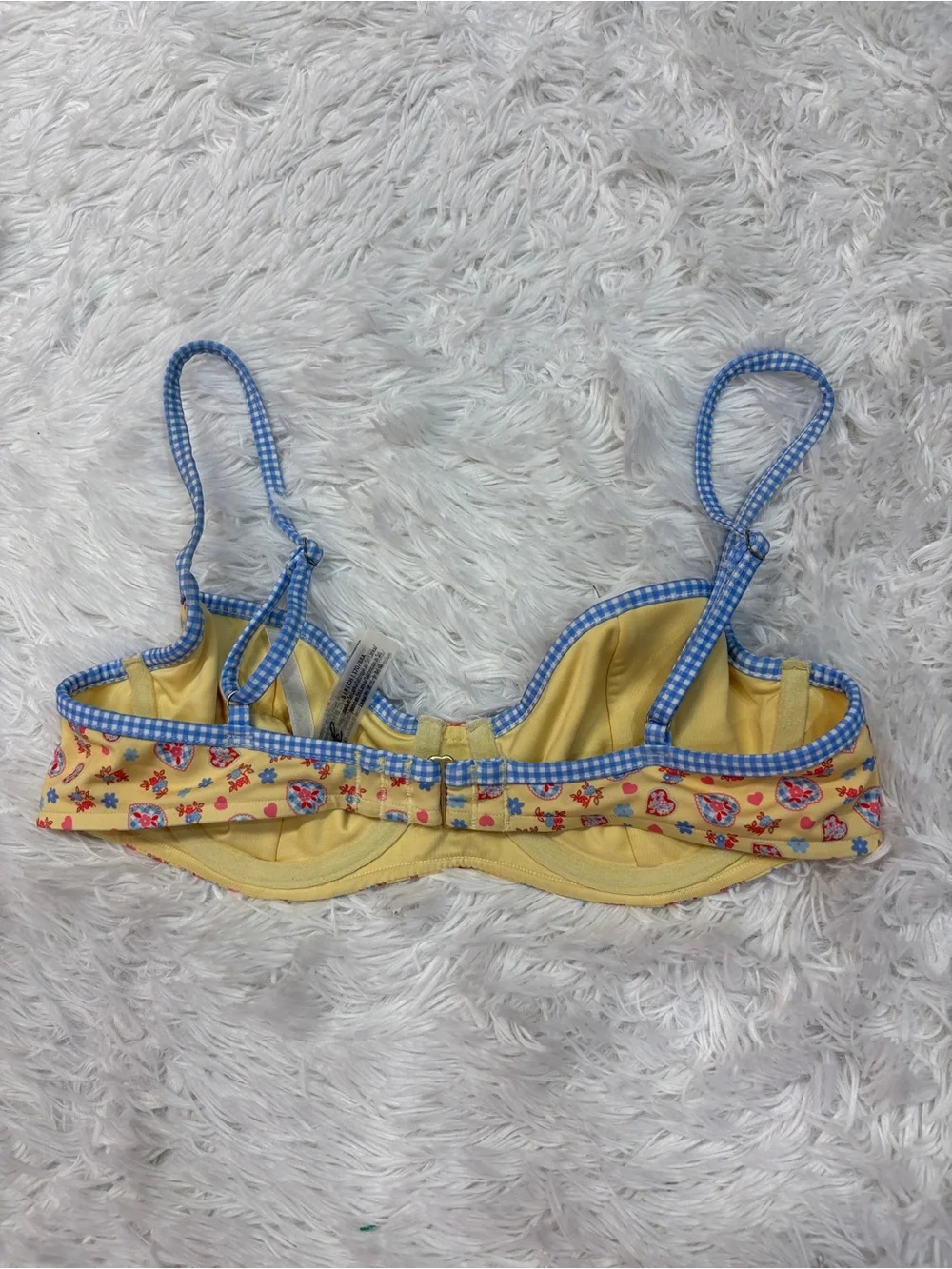 Frankie's Bikinis VS Pink Buttercup bikini top in yellow and blue